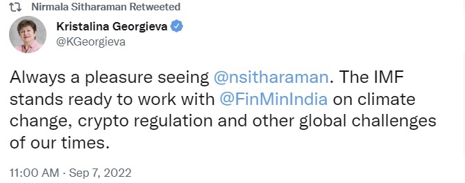 Indian Finance Minister Urges IMF to Lead in Crypto Regulation — Georgieva Says IMF Ready to Work With India